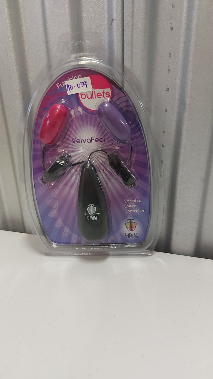 AD-039 Trinity Vibes: VelvaFeel Fuschian Twin Bullet Vibrators, Pink & Purple