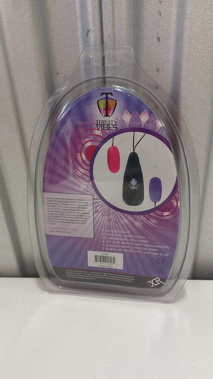AD-039 Trinity Vibes: VelvaFeel Fuschian Twin Bullet Vibrators, Pink & Purple