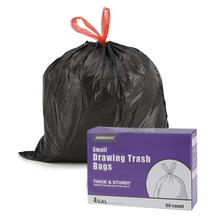 JASINCESS 3-4 Gallon Drawstring Small Trash Bags- Thick Multi purpose Garbage Bags For home office kitchen (Black-60, 4 gallon)