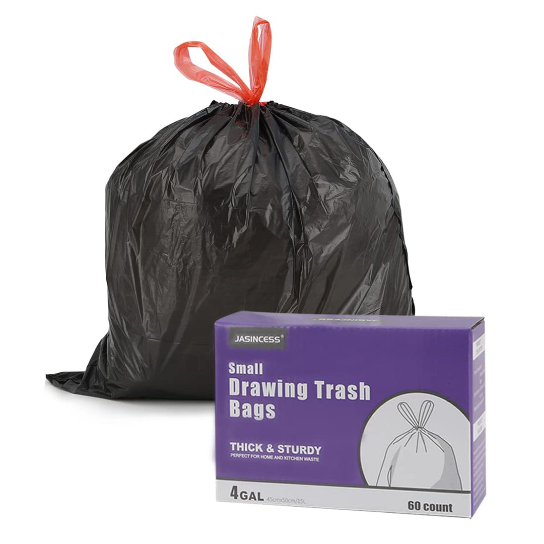 JASINCESS 3-4 Gallon Drawstring Small Trash Bags- Thick Multi purpose Garbage Bags For home office kitchen (Black-60, 4 gallon)
