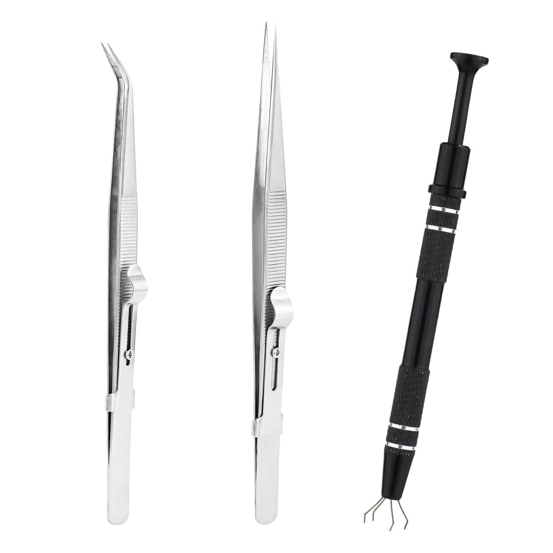 3pcs Gripper Tool, Premium Aluminum Alloy Chip Pickup Tool & 2pcs Tweezers Piercing Ball Tool Piercing Claw Tools Used for Gripping Small Parts Pearl Diamond Jewelry(Black, Silver)