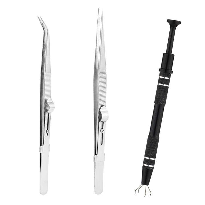 3pcs Gripper Tool, Premium Aluminum Alloy Chip Pickup Tool & 2pcs Tweezers Piercing Ball Tool Piercing Claw Tools Used for Gripping Small Parts Pearl Diamond Jewelry(Black, Silver)