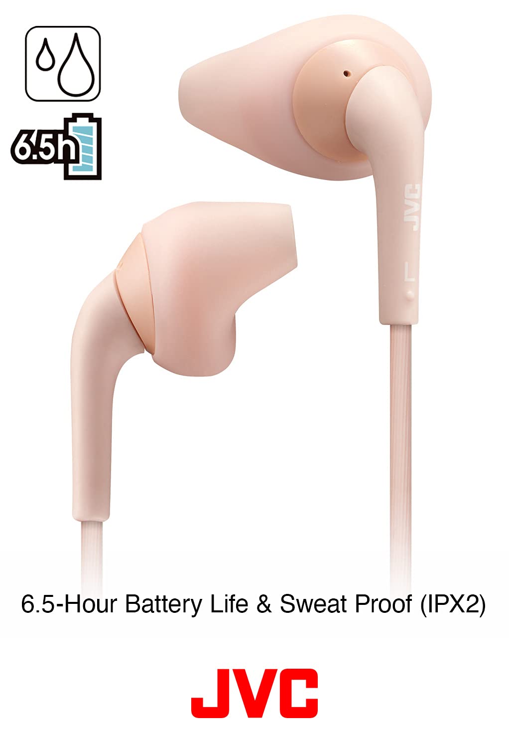 JVC Sport Headphones, Wireless, Bluetooth 5.0, Secure and Comfortable Soft Nozzle Fit Ear Pieces, Mic and Remote (Pink)