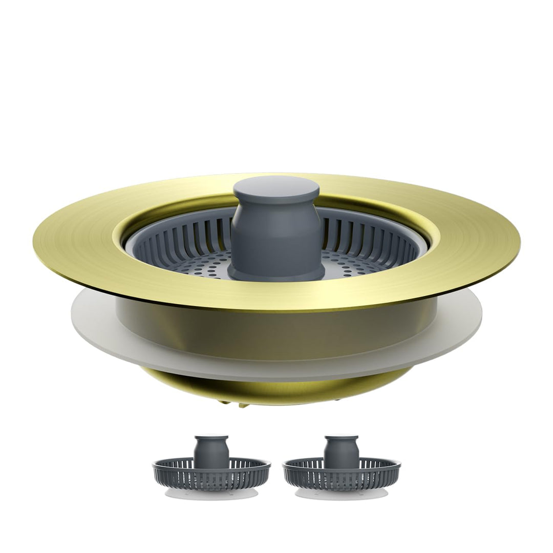 Hibbent Upgraded 3 in 1 Kitchen Sink Drain Strainer and Stopper Combo, Stainless Steel Metal Pop Up Sink Stopper, 3 Anti-Clogging Basket Strainers for US Standard 3-1/2 Inch Drain, Brushed Gold