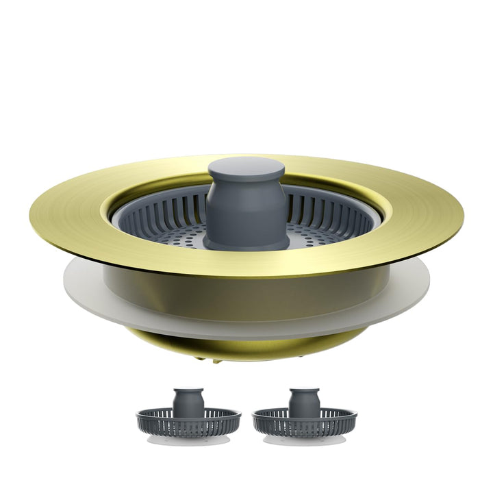 Hibbent Upgraded 3 in 1 Kitchen Sink Drain Strainer and Stopper Combo, Stainless Steel Metal Pop Up Sink Stopper, 3 Anti-Clogging Basket Strainers for US Standard 3-1/2 Inch Drain, Brushed Gold
