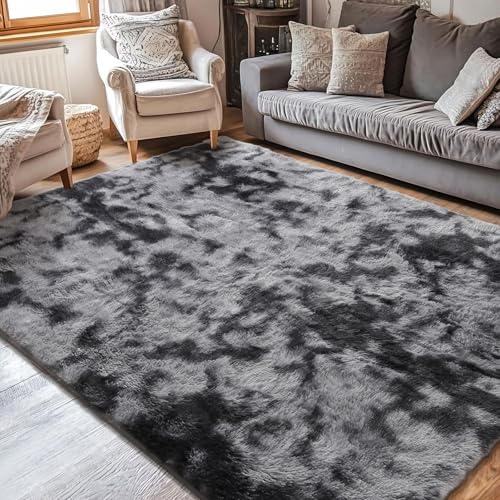 Cinknots Area Rugs Fluffy Carpet Modern Living Room Bedroom Baby Nursery Dorm Soft Non-Slip Carpet Large Modern Indoor Shaggy Carpet Room Home Décor (Black Gray, 3.9'x 5.2'（120 * 160cm）)