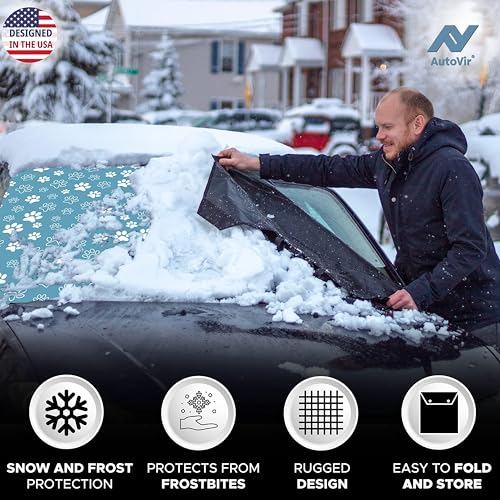 EcoNour Windshield Cover for Ice and Snow | Tough 600D Polyester Printed Fabric Windshield Frost Cover for Any Weather | Water, Heat & Sag-Proof Car Windshield Snow Cover | X-Large (69" x 42")