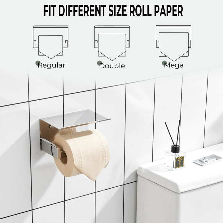 KOKOSIRI Toilet Paper Holder with Shelf Chrome Bathroom Toilet Roll Holder T-304 Polished Stainless Steel Wall Mounted, 2 Pack, B2010CH-P2