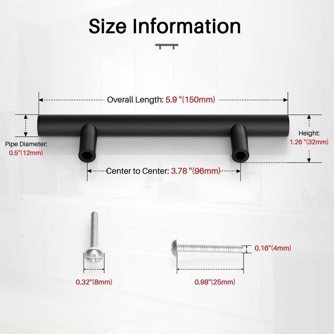 Matte Black Cabinet Handles and Drawer Pulls 15 Pack, 6 Inch (150mm) Stainless Steel, 3-3/4" (96mm) Hole Centers - Modern Kitchen & Bathroom Cabinet Hardware, IAQWE