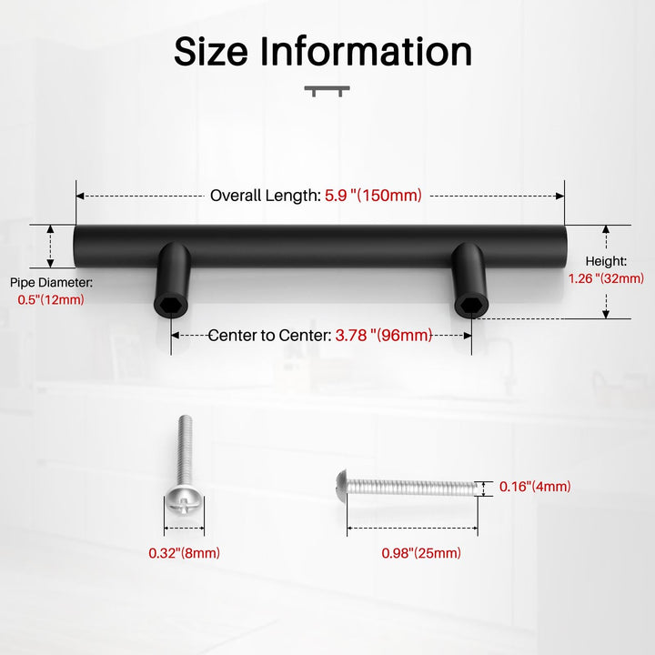Matte Black Cabinet Handles and Drawer Pulls 15 Pack, 6 Inch (150mm) Stainless Steel, 3-3/4" (96mm) Hole Centers - Modern Kitchen & Bathroom Cabinet Hardware, IAQWE
