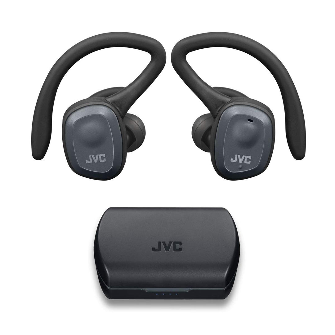 JVC HAET45TB Truly Wireless Sport Headphones, Dual Ear Support with Detachable Hook, 14H Total Battery Life with Charging Case, Waterproof IP55 (Black)