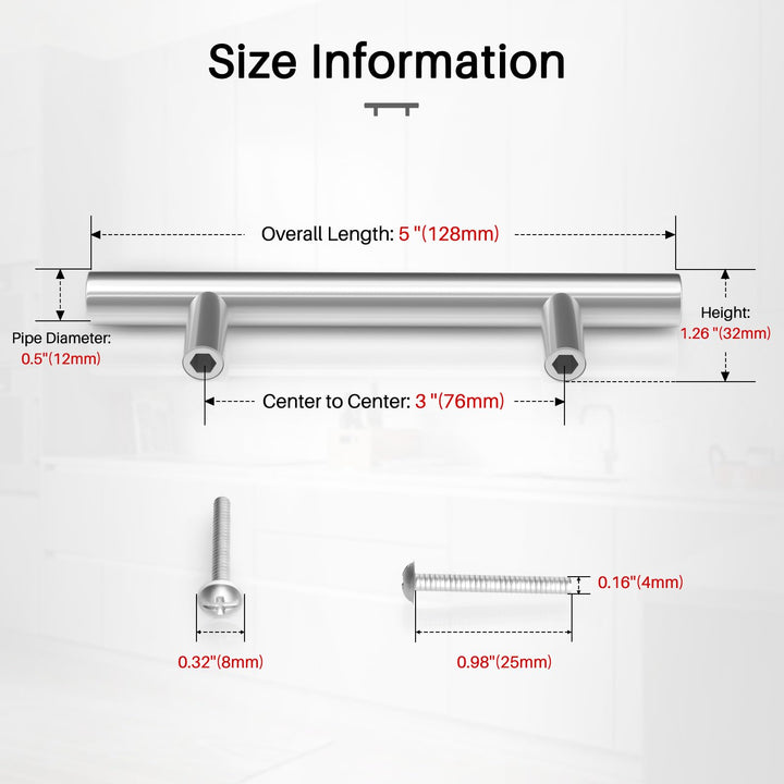 Brushed Nickel Drawer Pulls 20 Pack - 5 Inch Stainless Steel Handles, 3" Hole Centers - Modern Cabinet Hardware for Kitchen & Bathroom (128mm, 76mm), IAQWE