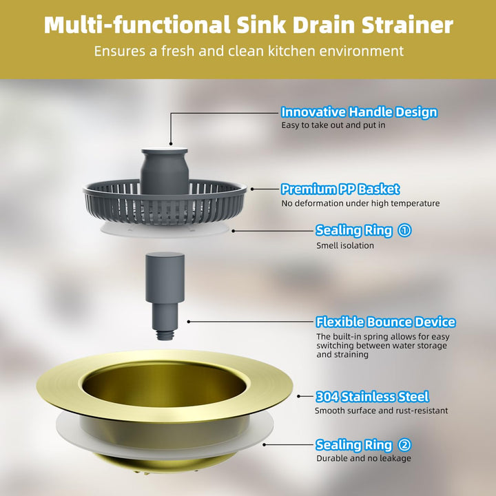Hibbent Upgraded 3 in 1 Kitchen Sink Drain Strainer and Stopper Combo, Stainless Steel Metal Pop Up Sink Stopper, 3 Anti-Clogging Basket Strainers for US Standard 3-1/2 Inch Drain, Brushed Gold