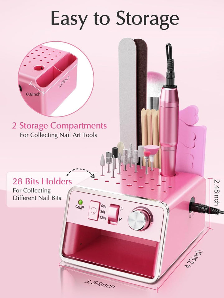 Beloving Nail Drill Machine, Electric Nail File for Acrylic Gel Dip Powder Nails, 20000 RPM Portable Electric Nail Drill Kit for Manicure Pedicure, E file Acrylic Nail Tools for Home Use, Pink