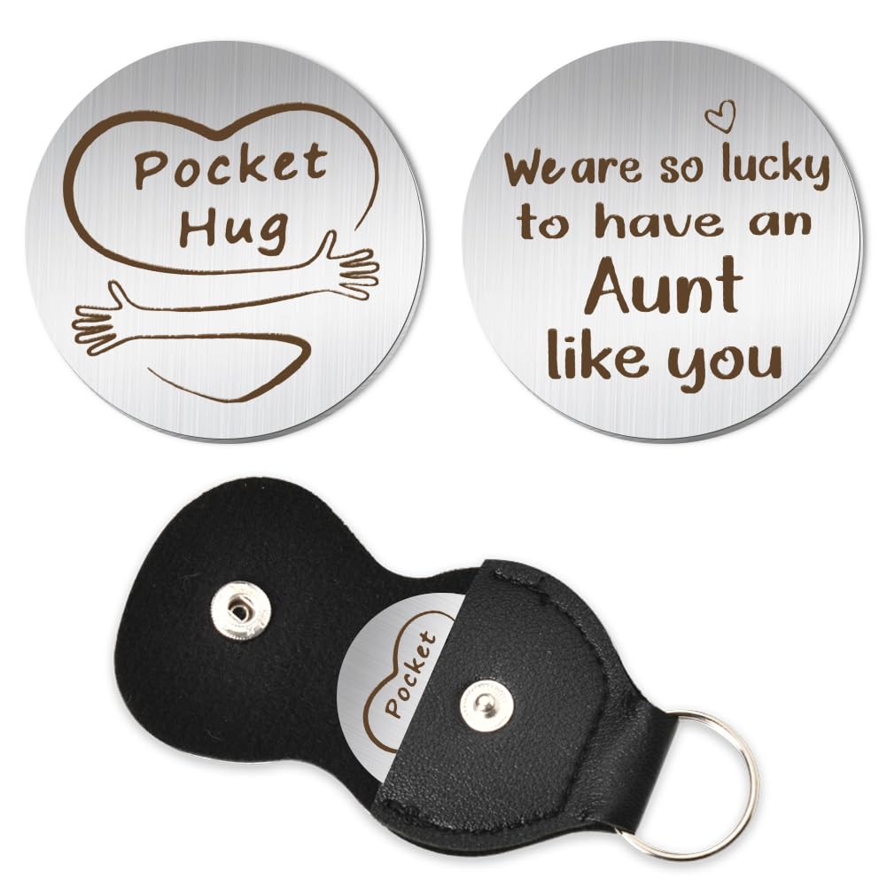 Aunt Christmas Birthday Gifts from Nephew Niece, Aunt Pocket Token Hug Keychain for Aunts Aunty Auntie Long Distance Relationship Gift for Women Double Side Keychain With PU Leather Keychains