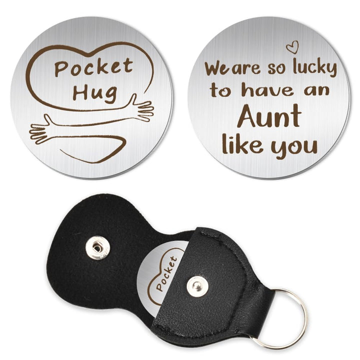 Aunt Christmas Birthday Gifts from Nephew Niece, Aunt Pocket Token Hug Keychain for Aunts Aunty Auntie Long Distance Relationship Gift for Women Double Side Keychain With PU Leather Keychains