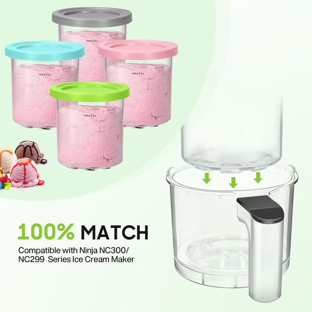 4 Pack Ice Cream Containers and Lids Extra Cups Replacement for Ninja Creami Pints and Lids - Compatible with NC300, & NC299AMZ Series Ice Cream Makers, BPA-Free, Dishwasher Safe