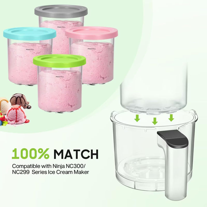4 Pack Ice Cream Containers and Lids Extra Cups Replacement for Ninja Creami Pints and Lids - Compatible with NC300, & NC299AMZ Series Ice Cream Makers, BPA-Free, Dishwasher Safe