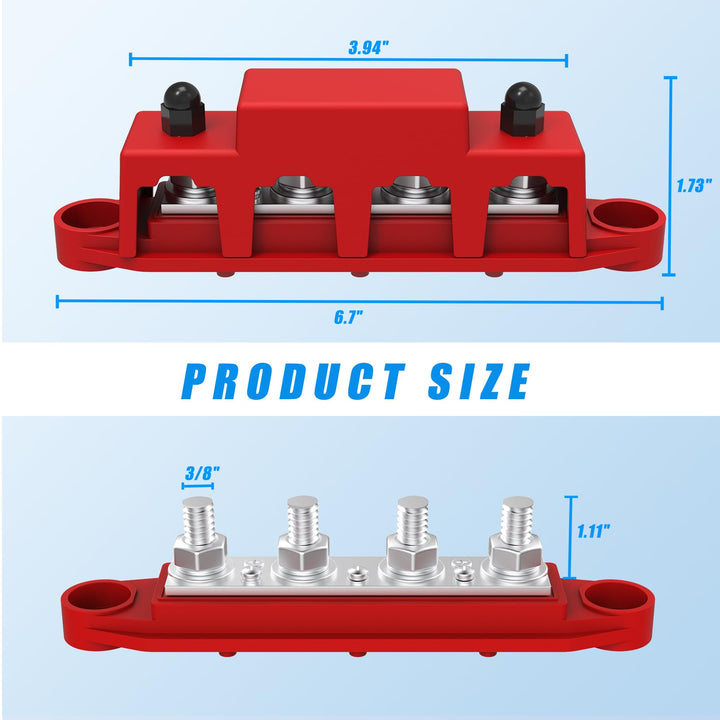 VenxyKod Power Distribution Block, 250A 12V Bus Bar 4X 3/8" Terminal Block with Cover Max 48V Junction Block Automotive Marine Busbar