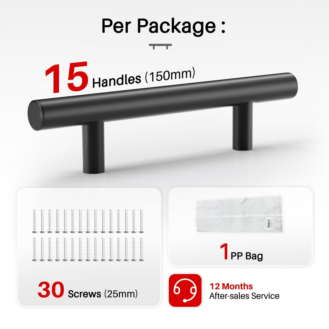 Matte Black Cabinet Handles and Drawer Pulls 15 Pack, 6 Inch (150mm) Stainless Steel, 3-3/4" (96mm) Hole Centers - Modern Kitchen & Bathroom Cabinet Hardware, IAQWE