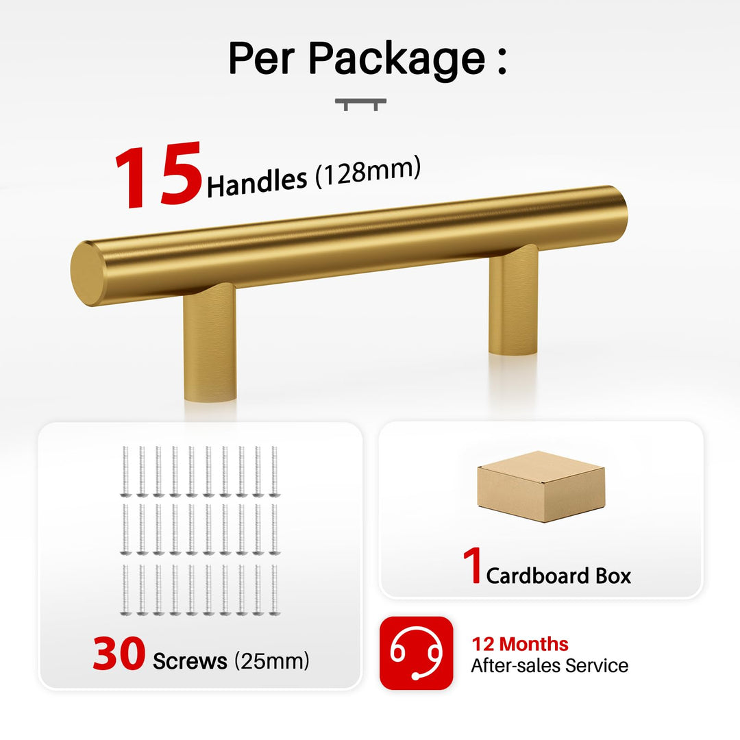 Brushed Brass Drawer Pulls 15 Pack - 5 Inch Stainless Steel Handles, 3" Hole Centers - Modern Cabinet Hardware for Kitchen & Bathroom (128mm, 76mm), IAQWE