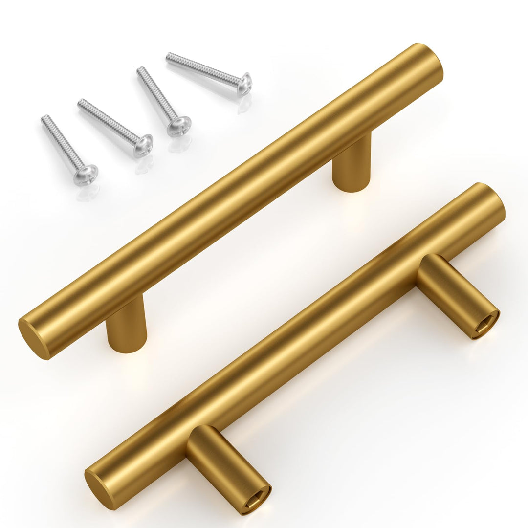 Brushed Brass Drawer Pulls 15 Pack - 5 Inch Stainless Steel Handles, 3" Hole Centers - Modern Cabinet Hardware for Kitchen & Bathroom (128mm, 76mm), IAQWE