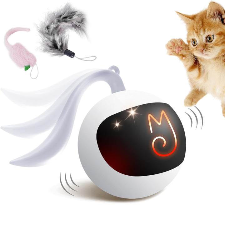 Migipaws Interactive Cat Ball Toy Set, Fun Tracker, Automatic Moving Chase Ball with Fluffy Tail, A Small Mice, Rechargeable (White)