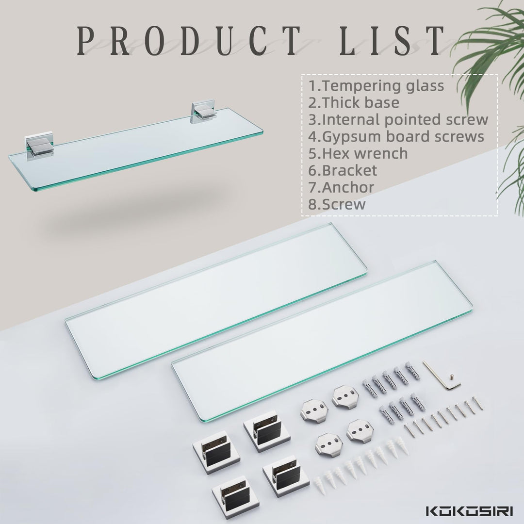 KOKOSIRI Wall Shelves Floating Bathroom Glass Shelf for Kitchen Storage, 16'' x 5.6'' Tempered Glass Wall Mounted Polished Stainless Steel, 2 Pack B1106CH-L16-P2