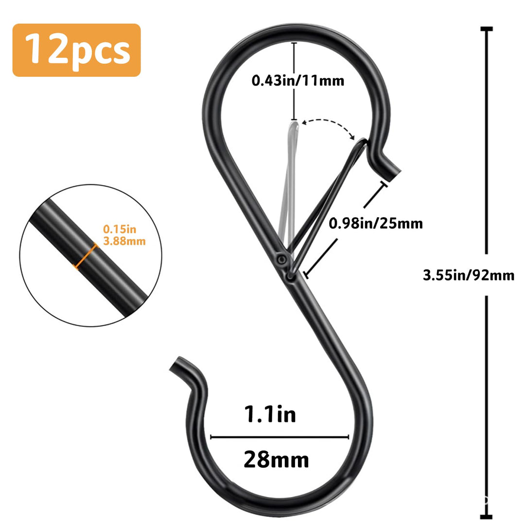 12 Pcs S Hooks for Hanging, Heavy Duty Metal S Shaped Hooks with Safety Buckle for Plants, Pots, Towels and Bags, 3.55 inch (Black)