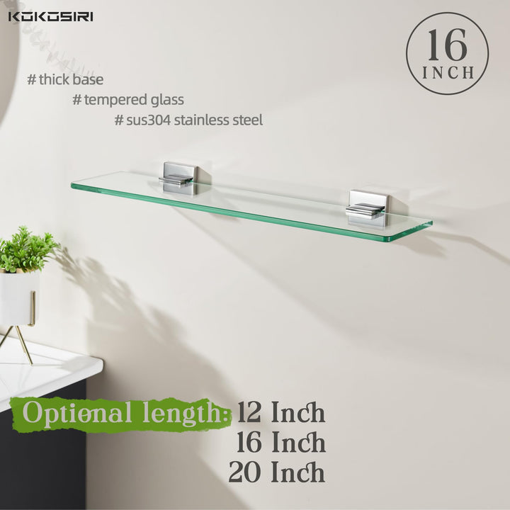 KOKOSIRI Wall Shelves Floating Bathroom Glass Shelf for Kitchen Storage, 16'' x 5.6'' Tempered Glass Wall Mounted Polished Stainless Steel, 2 Pack B1106CH-L16-P2