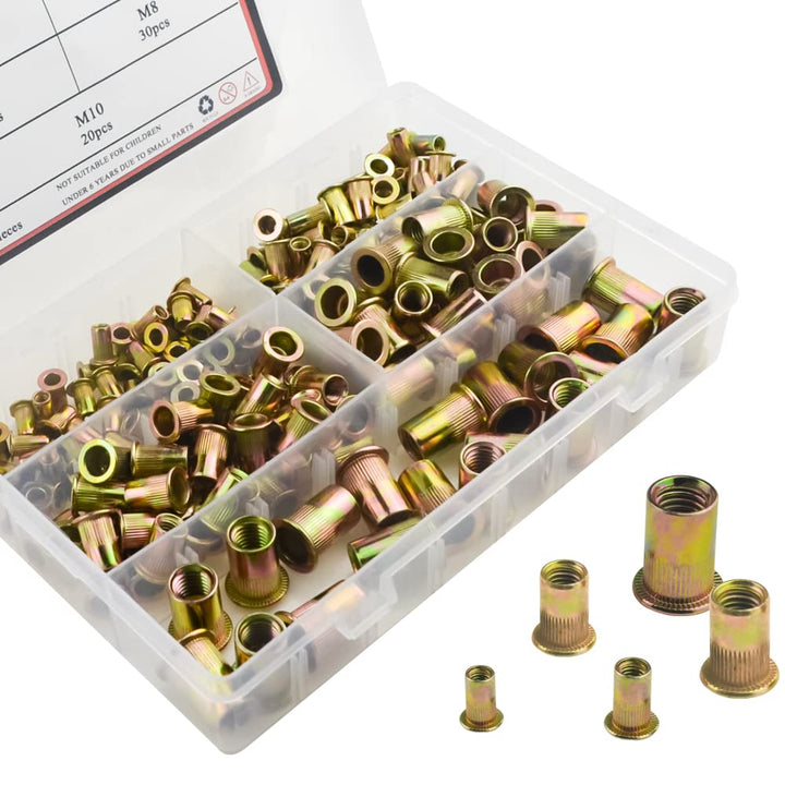 WMYCONGCONG 200 PCS Metric Rivet Nut M4 M5 M6 M8 M10 Hex Rivnut Carbon Steel Flat Head Threaded Insert Assortment Kit