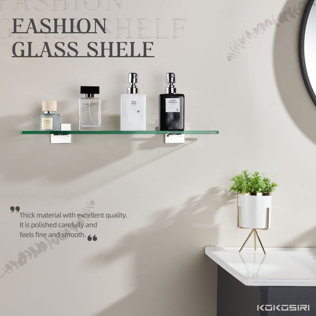 KOKOSIRI Wall Shelves Floating Bathroom Glass Shelf for Kitchen Storage, 16'' x 5.6'' Tempered Glass Wall Mounted Polished Stainless Steel, 2 Pack B1106CH-L16-P2