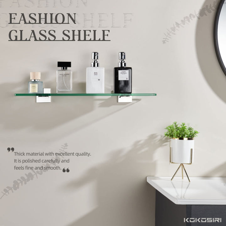 KOKOSIRI Wall Shelves Floating Bathroom Glass Shelf for Kitchen Storage, 16'' x 5.6'' Tempered Glass Wall Mounted Polished Stainless Steel, 2 Pack B1106CH-L16-P2