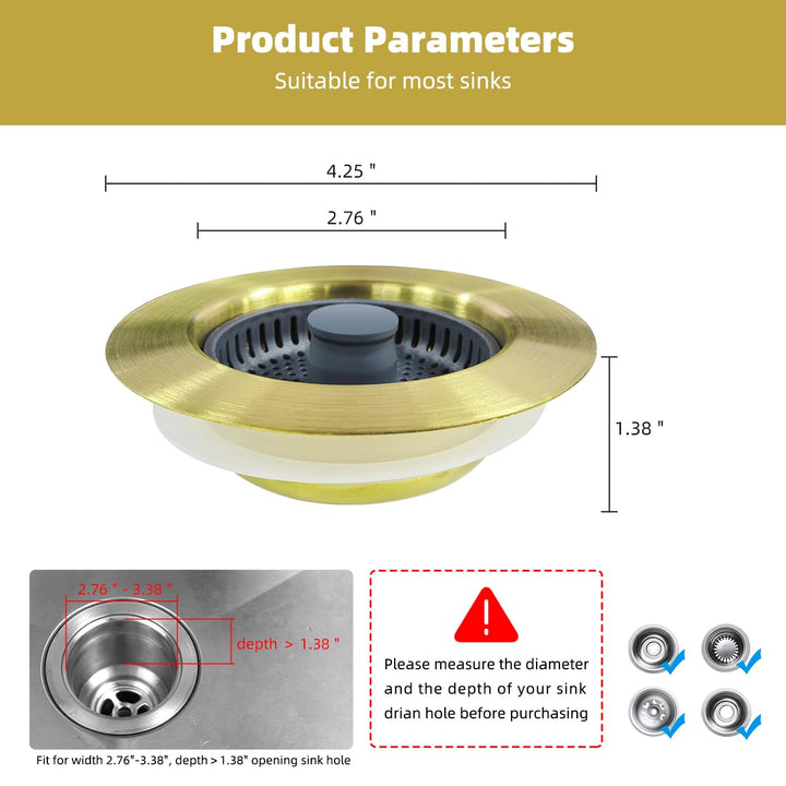 Hibbent Upgraded 3 in 1 Kitchen Sink Drain Strainer and Stopper Combo, Stainless Steel Metal Pop Up Sink Stopper, 3 Anti-Clogging Basket Strainers for US Standard 3-1/2 Inch Drain, Brushed Gold