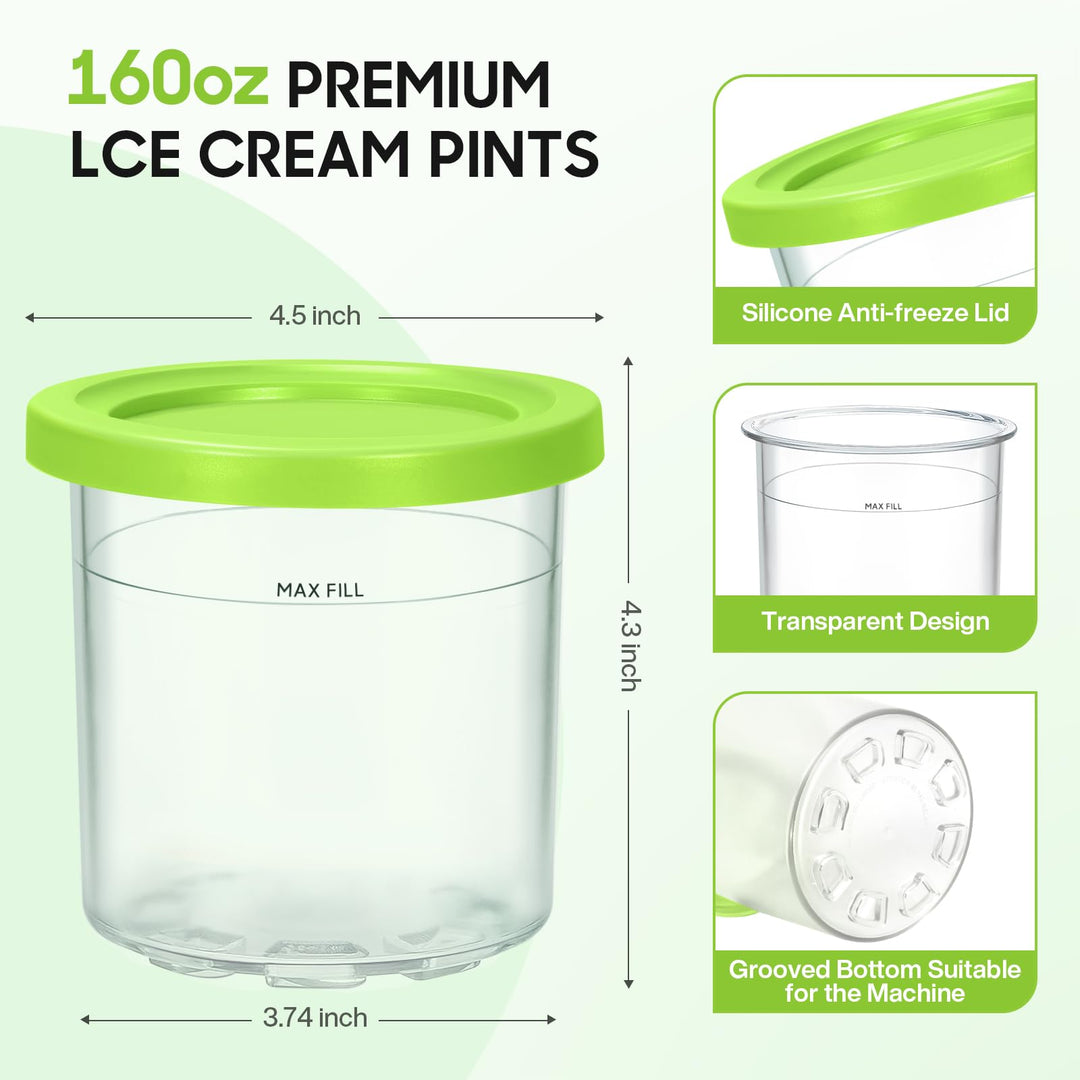 4 Pack Ice Cream Containers and Lids Extra Cups Replacement for Ninja Creami Pints and Lids - Compatible with NC300, & NC299AMZ Series Ice Cream Makers, BPA-Free, Dishwasher Safe