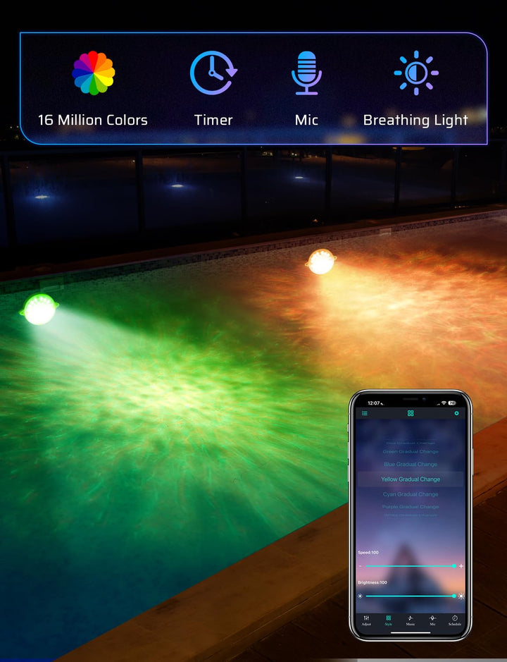 LED Tree Lights&Pool Lights with APP Control, 15W×2 RGB Dimmable Underwater Submersible Lights IP68 Waterproof Music Sync Color Changing Pool Light(2 Pack)