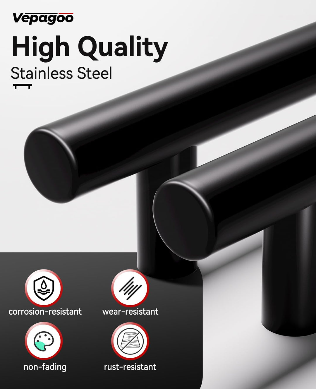 Vepagoo 30 Pack 5" Matte Black Cabinet Handles Drawer Pulls – 3 inch Hole Center Stainless Steel Handle Pull for Kitchen, Bathroom, Wardrobes, Tv Cabinets – Poignée Armoire Cuisine