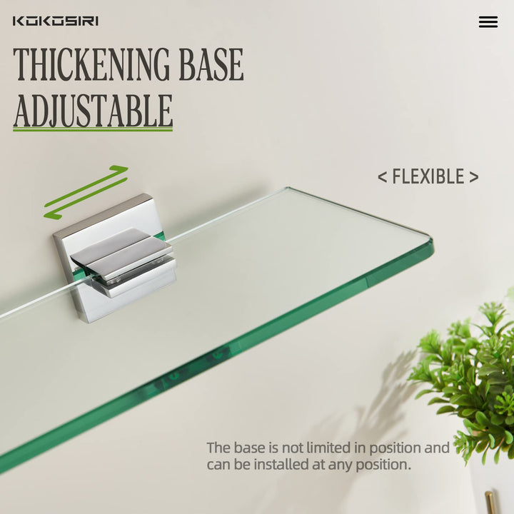 KOKOSIRI Wall Shelves Floating Bathroom Glass Shelf for Kitchen Storage, 16'' x 5.6'' Tempered Glass Wall Mounted Polished Stainless Steel, 2 Pack B1106CH-L16-P2