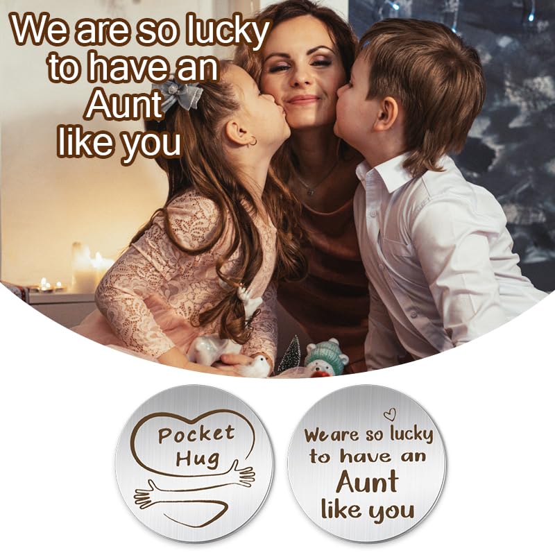 Aunt Christmas Birthday Gifts from Nephew Niece, Aunt Pocket Token Hug Keychain for Aunts Aunty Auntie Long Distance Relationship Gift for Women Double Side Keychain With PU Leather Keychains