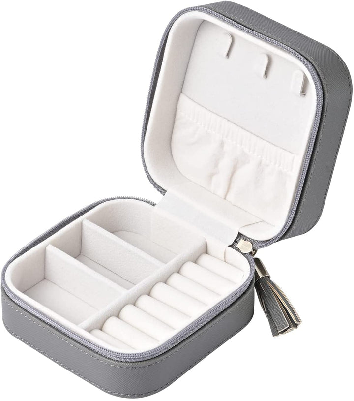 Luxury Travel Jewelry Leather Box Mini Organizer-Small Jewelry Multifunctional Storage Portable Travel Case for Rings Earrings Necklace Mother's Day Gift Women Wife Daughter Gift (GRAY)