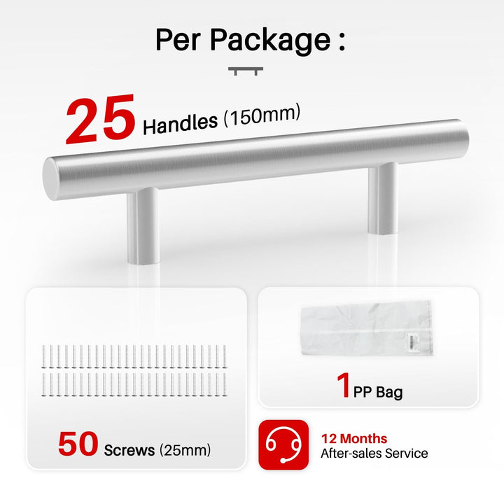 Brushed Nickel Drawer Pulls 25 Pack - 6 Inch Stainless Steel Handles, 3-3/4" Hole Centers - Modern Cabinet Hardware for Kitchen & Bathroom (150mm, 96mm), IAQWE