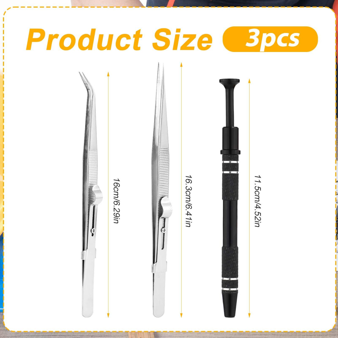 3pcs Gripper Tool, Premium Aluminum Alloy Chip Pickup Tool & 2pcs Tweezers Piercing Ball Tool Piercing Claw Tools Used for Gripping Small Parts Pearl Diamond Jewelry(Black, Silver)