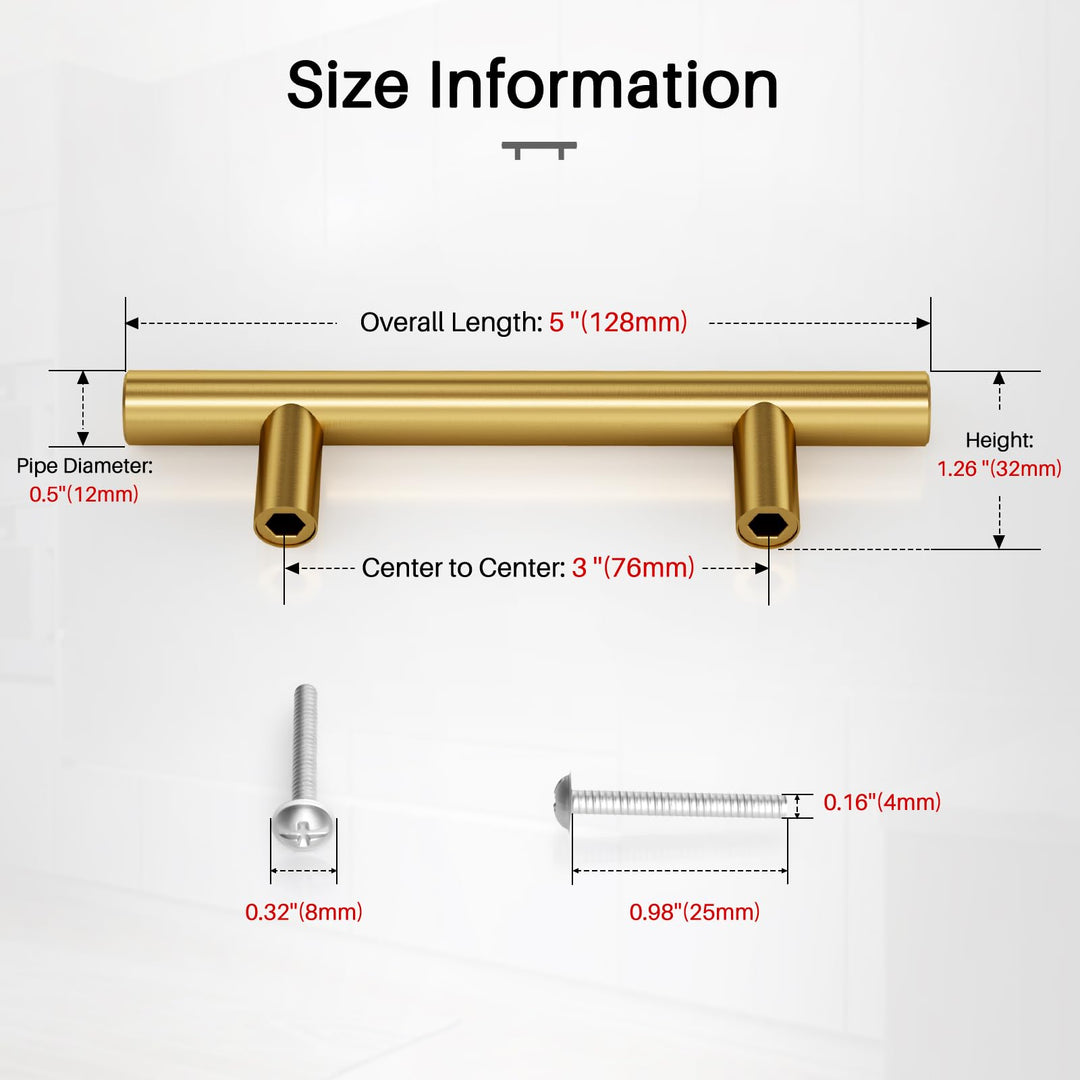 Brushed Brass Drawer Pulls 15 Pack - 5 Inch Stainless Steel Handles, 3" Hole Centers - Modern Cabinet Hardware for Kitchen & Bathroom (128mm, 76mm), IAQWE