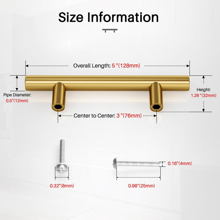Brushed Brass Drawer Pulls 15 Pack - 5 Inch Stainless Steel Handles, 3" Hole Centers - Modern Cabinet Hardware for Kitchen & Bathroom (128mm, 76mm), IAQWE