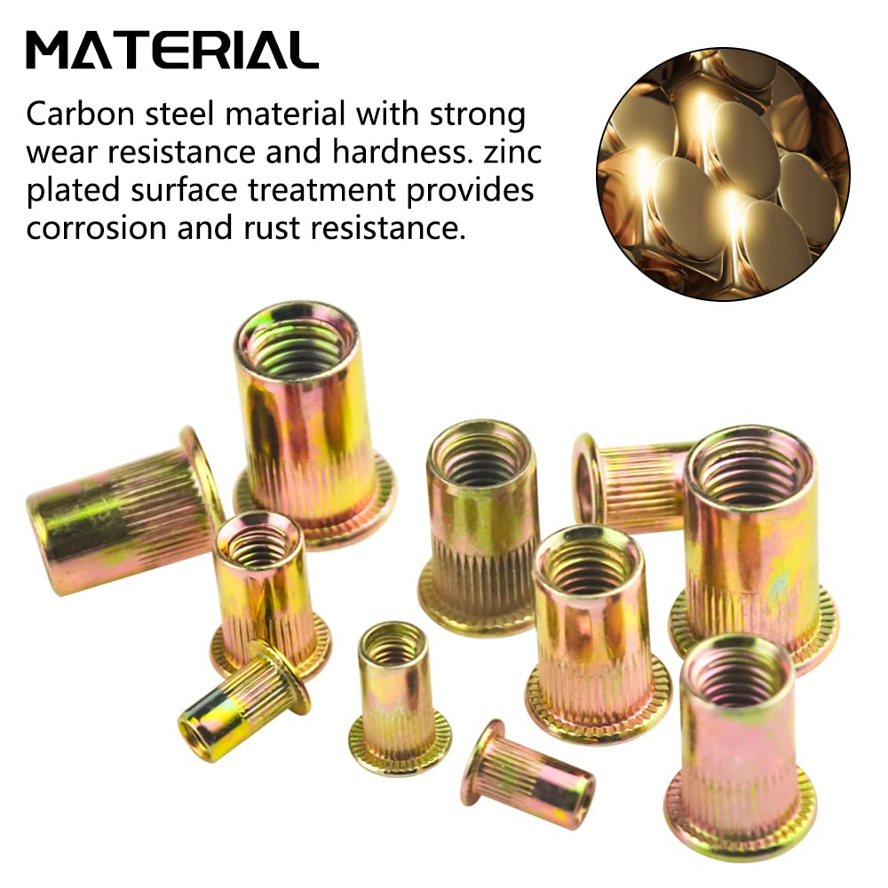WMYCONGCONG 200 PCS Metric Rivet Nut M4 M5 M6 M8 M10 Hex Rivnut Carbon Steel Flat Head Threaded Insert Assortment Kit