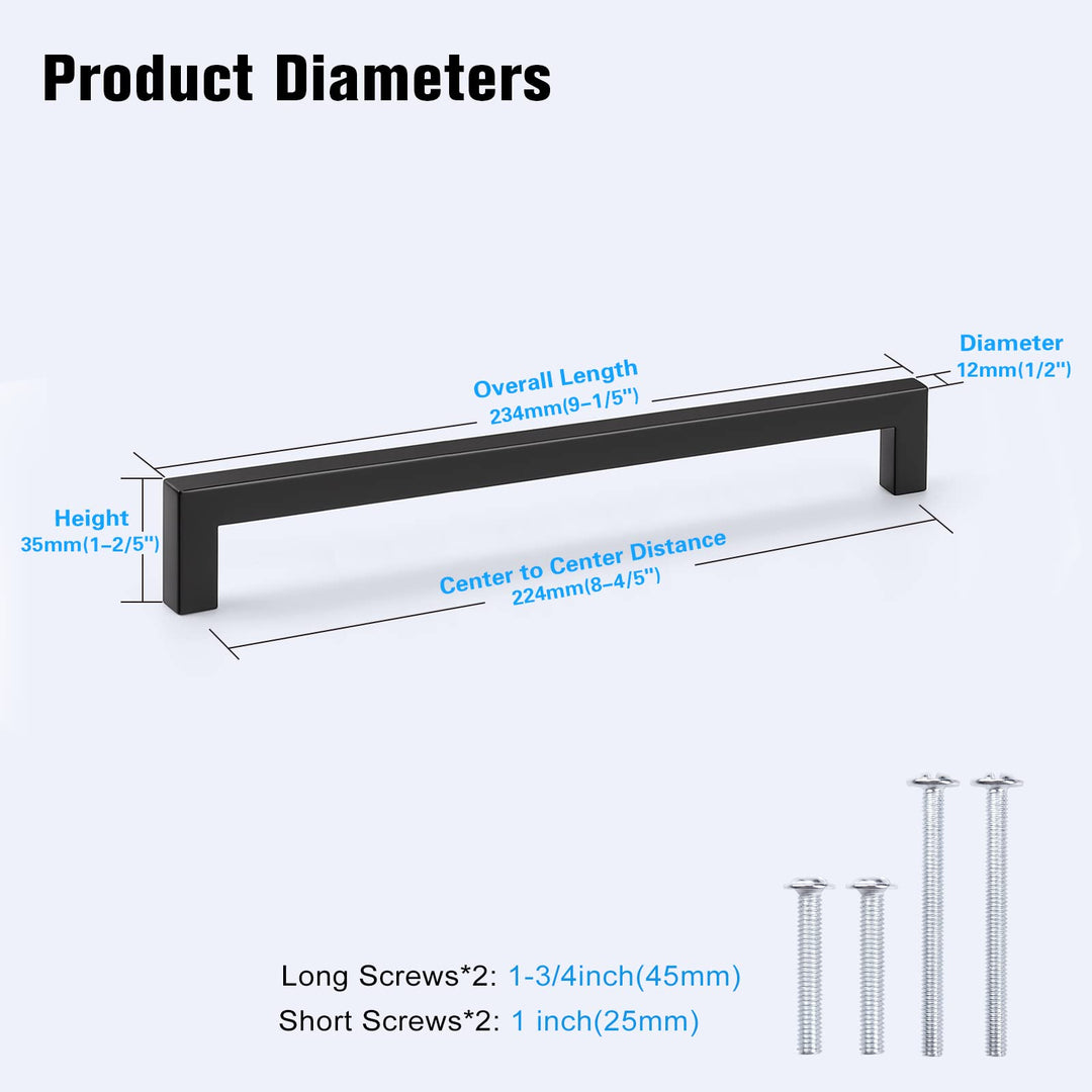 KNOBWELL 10 Pack Black Stainless Cabinet Pulls, Matte Black Drawer Pulls, 8-4/5" Hole Spacing Cabinet Pulls, 9-1/5" Overall Length Kitchen Cupboard Handles