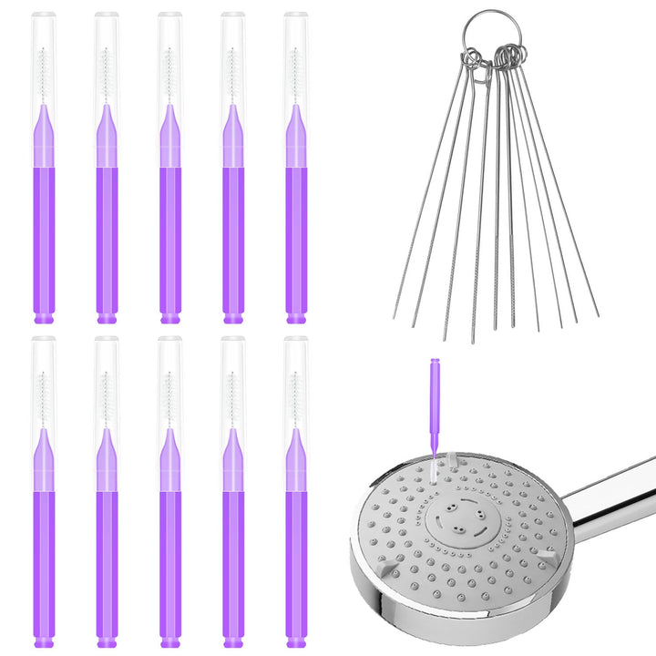 10pcs Shower Head Cleaners, with 10pcs Needle Picks Anti-Clogging Shower Head Cleaning Brush Tiny Crevice Cleaner Tool for Small Holes Gaps Nozzle Window Slot Household Bathroom (Purple)