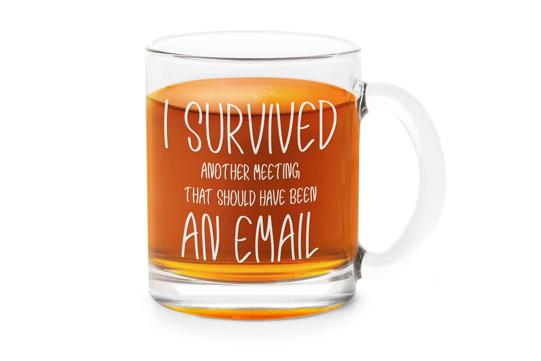 I Survived Another Meeting That Should Have Been an Email 11oz Glass Coffee Mug Funny Christmas Present for Co-Worker