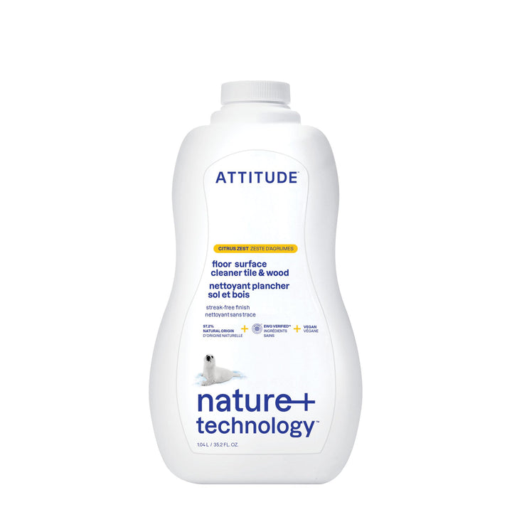 ATTITUDE Floor Cleaner, EWG Verified, Streak-Free, Vegan & Plant-Based for Tile, Wood & Laminate Floors, Made in Canada, Citrus Zest Scent, 1.04 Liters