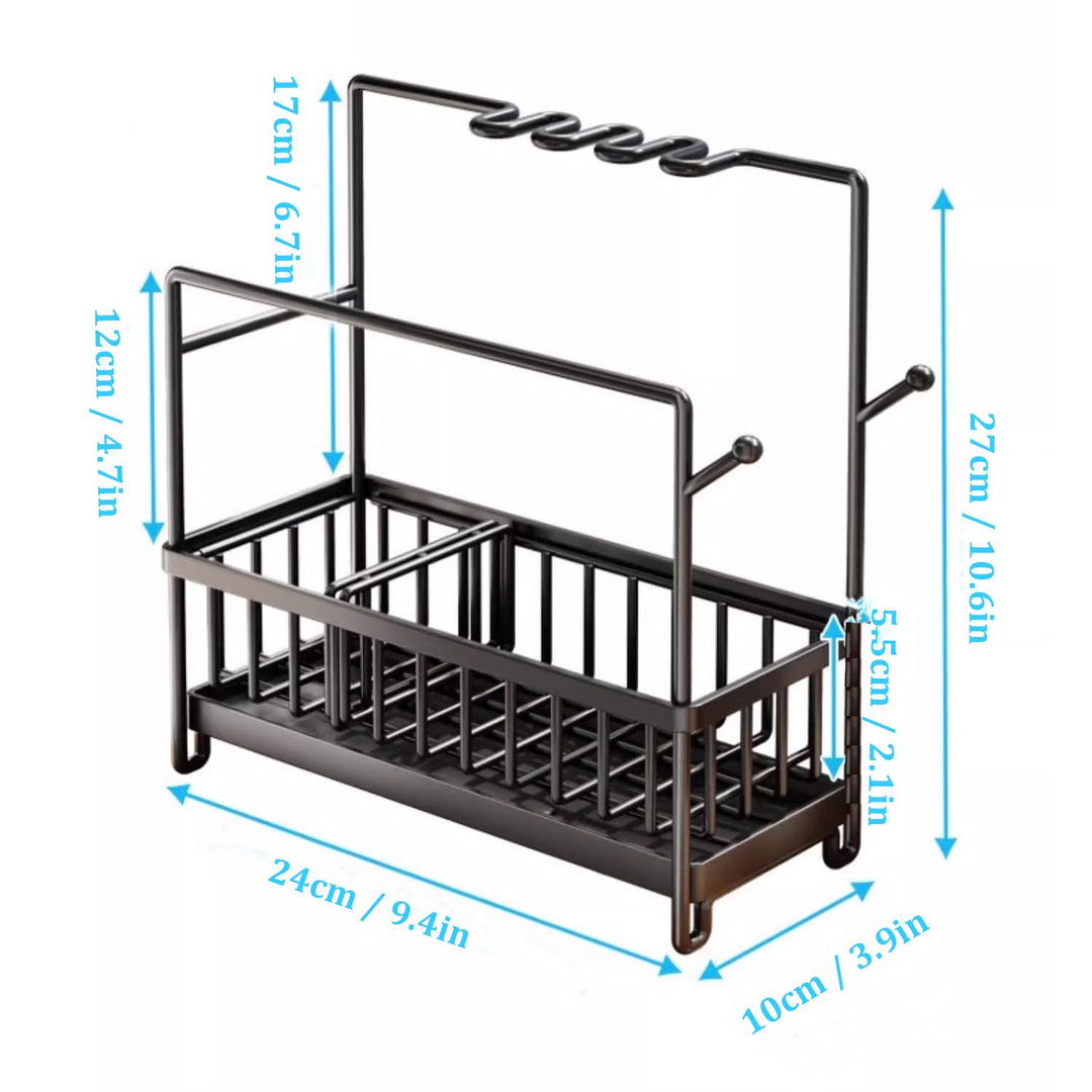 Sponge Holder for Kitchen Sink, Sink Caddy with High Brush Holder, Dishcloth Hanger and Auto Draining Tray, 304 Stainless Steel Dish Organizer Divider